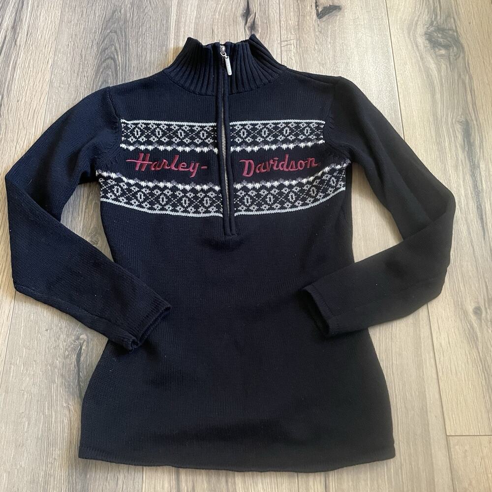 Harley Davidson Womens 1/2 Zip Embroidered Pullover Sweater Size Small Black